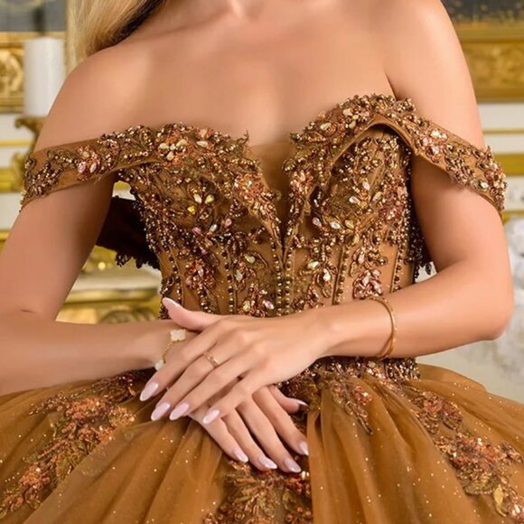 New Brown Beaded Quinceanera Tulle Dress w/ Layered Skirt & Back Bow GL3811 - Picture 6 of 15